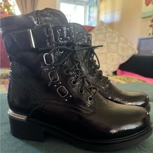 Glossy Black Italian-made Combat Boots with Buckle Detail by Neo Giardini Size 9